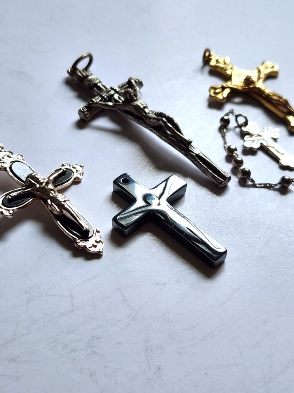 Vintage Catholic Crucifix Pendants Lot 5pc Hematite Stone Cross Gold Silver